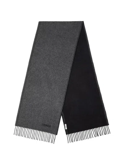 Fendi Pure Cashmere Scarf With Embroidered Logo And Fringed Edges In Gray