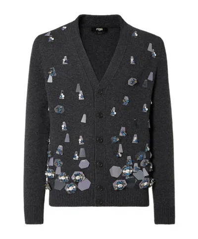Fendi Gray Cashmere And Wool Cardigan In Black