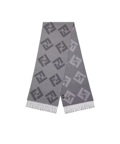 Fendi Ff Jacquard Fringed-edge Scarf In Gray
