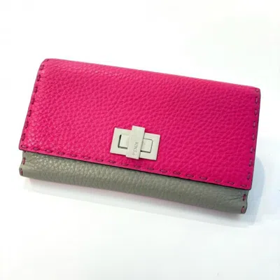 Pre-owned Fendi Gray Light Pink Pink Leather Long Wallet (bi-fold) () In Gray, Light Pink, Pink
