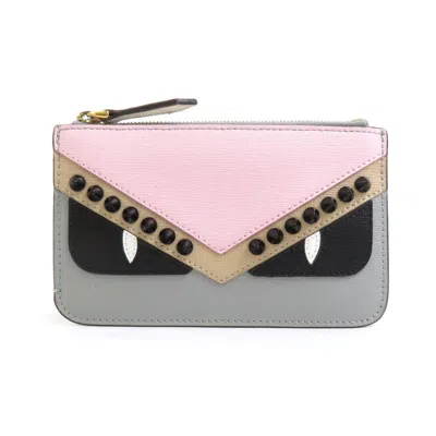Pre-owned Fendi Gray Off-white Pink Leather Coin Purse/coin Case ()
