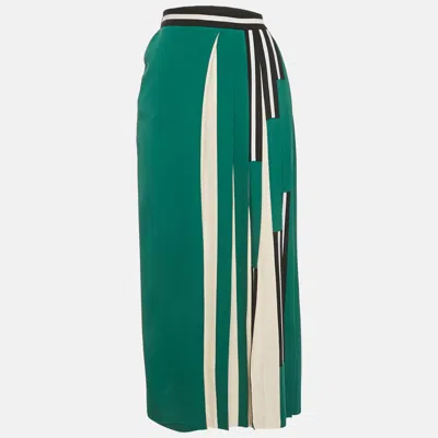 Pre-owned Fendi Green & White Crepe Pleated Midi Skirt S