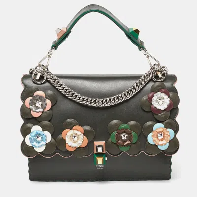Pre-owned Fendi Green Floral Applique Leather Medium Kan I Top Handle Bag