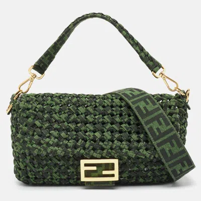 Pre-owned Fendi Green Jacquard Woven Fabric Medium Baguette Bag