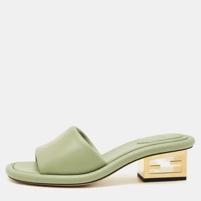 Pre-owned Fendi Green Leather Baguette Heel Slide Sandals Size 38.5