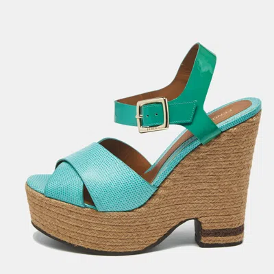 Pre-owned Fendi Green Lizard And Patent Leather Espadrille Wedge Sandals Size 40