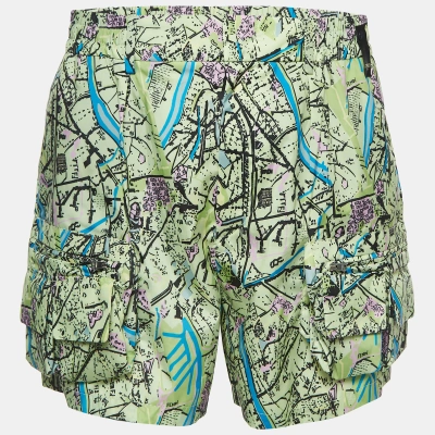 Pre-owned Fendi Green Map Print Synthetic Pocket Detail Bermuda Shorts L