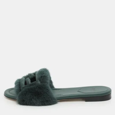 Pre-owned Fendi Green Mink Fur Baguette Slide Sandals Size 36