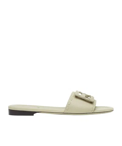Fendi Baguette Ff Leather Buckle Flat Slide Sandals In White