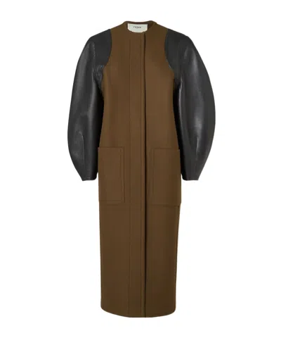 Fendi Green Wool And Leather Coat