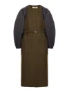Fendi Women Green Crewneck Coat With Puffed Leather Sleeves And Belt With Ff Plaque In Wool And Visc In Multi