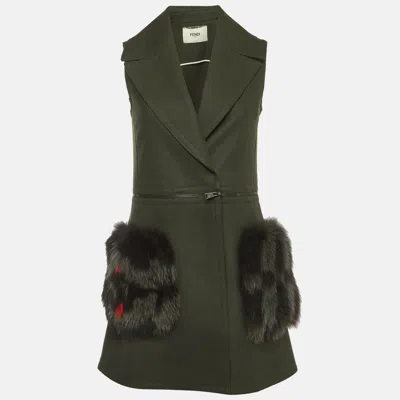 Pre-owned Fendi Green Wool Blend Fox Fur Trim Detachable Vest Coat S