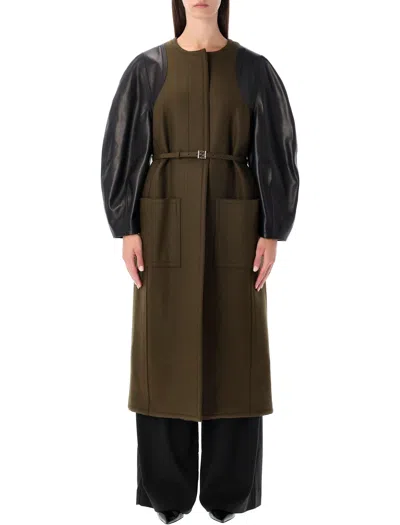 FENDI FENDI GREEN WOOL MIDI COAT WITH LEATHER SLEEVES