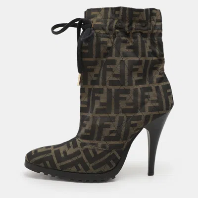 Pre-owned Fendi Green Zucca Canvas Ankle Length Boots Size 37.5