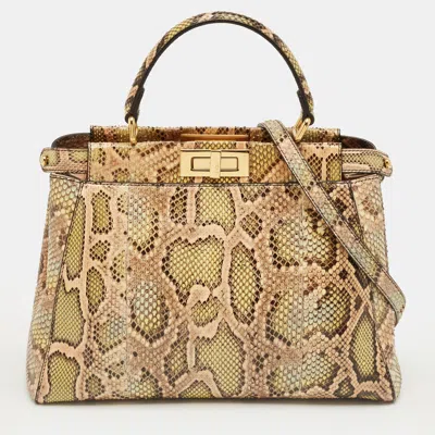 Pre-owned Fendi Green/beige Python Medium Peekaboo Top Handle Bag