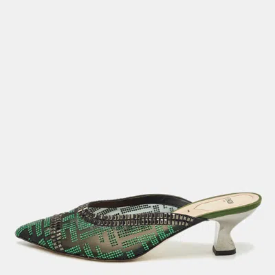 Pre-owned Fendi Green/black Mesh Crystal Embellish Colibri Mules Size 39.5