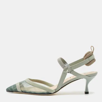 Pre-owned Fendi Green/grey Zucca Mesh And Fabric Colibri Lite Slingback Pumps Size 36