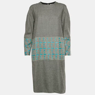 Pre-owned Fendi Grey Abstract Print Wool Jacquard Long Sleeve Shift Dress M In Gray