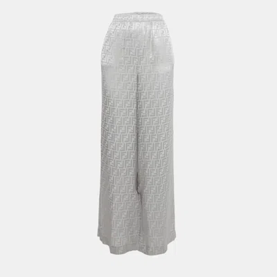 Pre-owned Fendi Grey Ff Jacquard Silk Wide-leg Trousers S In Gray