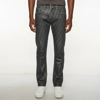 Pre-owned Fendi Grey Flocked Monogram Denim Straight Fit Jeans L In Gray