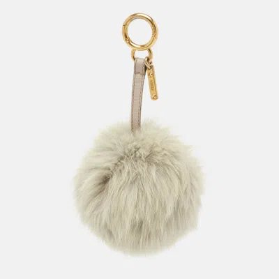 Pre-owned Fendi Grey Fur And Leather Pom Pom Bag Charm In Green
