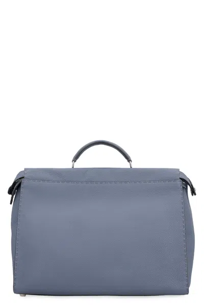 Fendi Grey Grainy Leather Men's Briefcase With Zip Compartment And Adjustable Strap In Blue