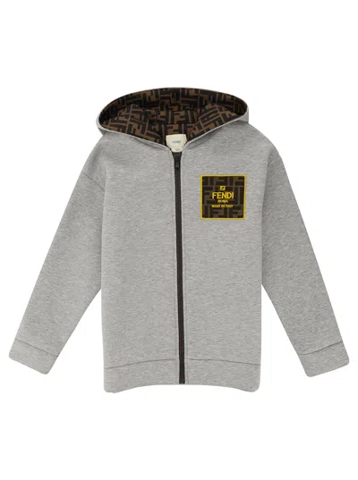 FENDI GREY HOODIE WITH LOGO DETAIL IN FABRIC BOY