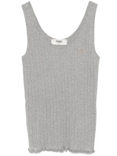 Fendi Women Ribbed Cotton Tank Top In Gray