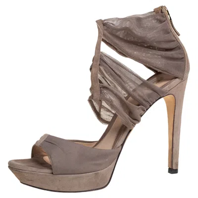 Pre-owned Fendi Grey Lace And Suede Platform Sandals Size 37.5