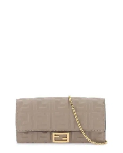 Pre-owned Fendi Grey Lambskin Baguette Continental Wallet With Chain (authentic Pre-  Loved)