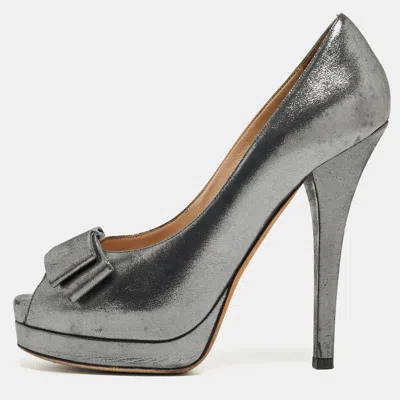 Pre-owned Fendi Grey Leather Bow Peep Toe Platform Pumps Size 40 In Silver
