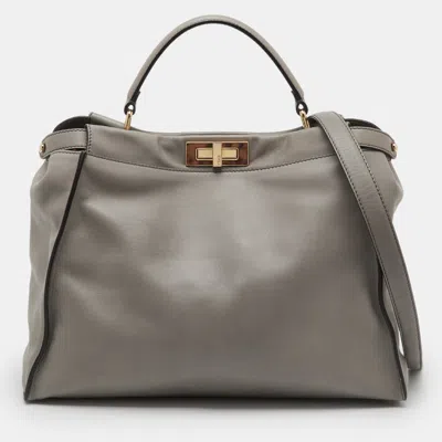 Pre-owned Fendi Grey Leather Large Peekaboo Top Handle Bag In Gray
