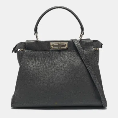 Pre-owned Fendi Grey Leather Medium Peekaboo Top Handle Bag In Gray