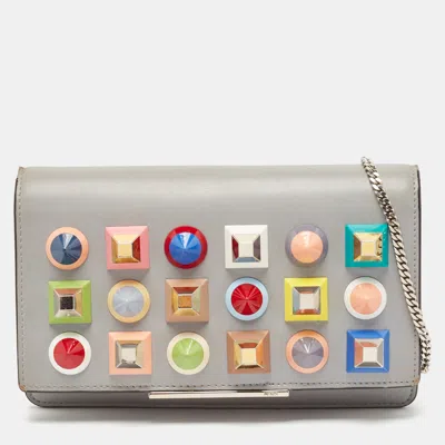 Pre-owned Fendi Grey Leather Studded Wallet On Chain