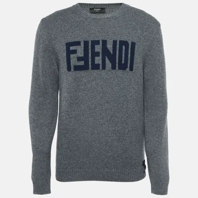 Pre-owned Fendi Grey Logo Intarsia Cashmere Knit Sweater M