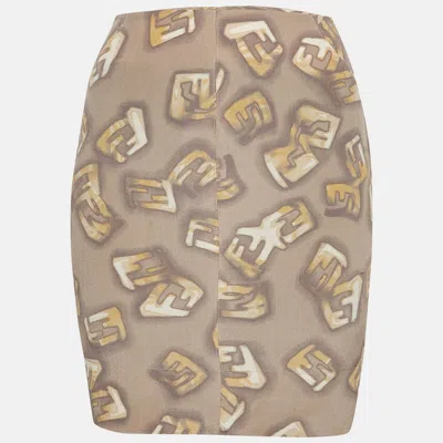 Pre-owned Fendi Grey Logo Monogram Printed Silk Mini Skirt M