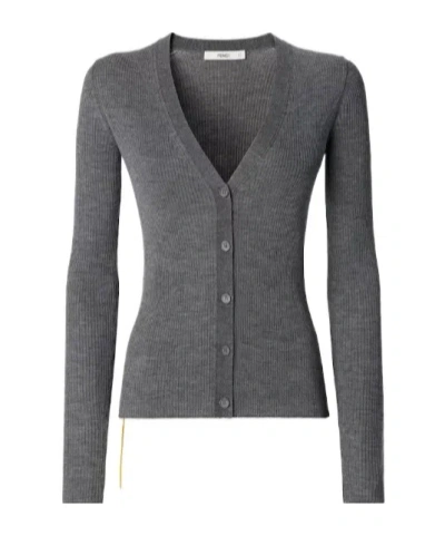 Fendi Grey Melange Ribbed Wool Cardigan In Gray