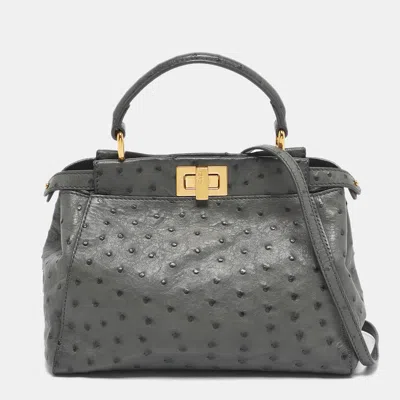 Pre-owned Fendi Grey Ostrich Leather Mini Peekaboo Top Handle Bag In Gray