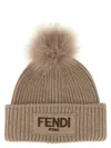 Fendi Grey Pompon Embroidered Logo Beanie Hat In Brown