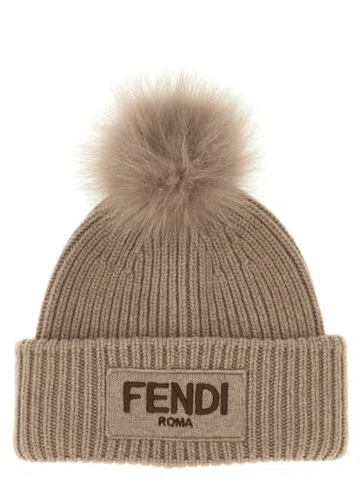 FENDI GREY POMPON EMBROIDERED LOGO BEANIE HAT