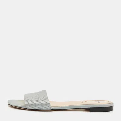 Pre-owned Fendi Grey Satin Logo Embroidered Flat Slides Size 39.5 In Gray