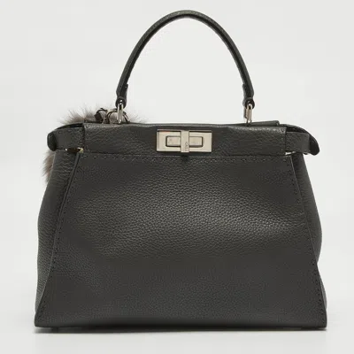 Pre-owned Fendi Grey Selleria Leather Medium Peekaboo Top Handle Bag