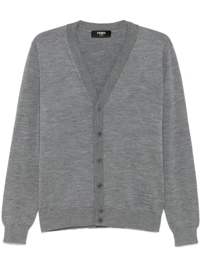 Fendi Grey V-neck Wool Cardigan In Gray