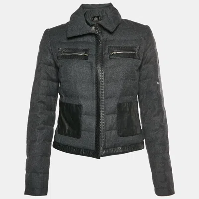 Pre-owned Fendi Grey Wool Blend And Leather Trim Quilted Down Jacket S In Gray