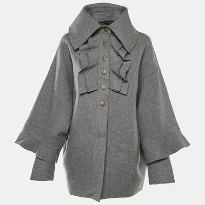 Pre-owned Fendi Grey Wool Ruffled Button Front Overcoat S In Gray