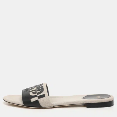 Pre-owned Fendi Grey/black Canvas And Leather Ff Flat Slide Size 40