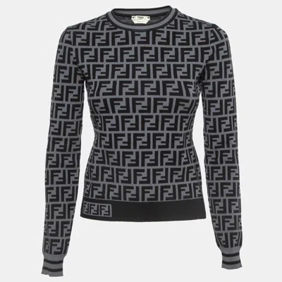 Pre-owned Fendi Grey/black Monogram Knit Pullover S