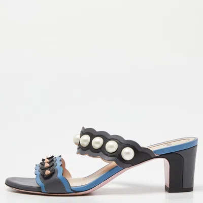 Pre-owned Fendi Grey/blue Leather Faux Pearl Embellished Slide Sandals Size 38.5