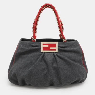 Pre-owned Fendi Grey/red Wool And Patent Leather Large Mia Tote