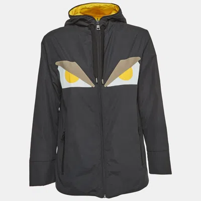 Pre-owned Fendi Grey/yellow Eyes Applique Synthetic Reversible Hooded Jacket S